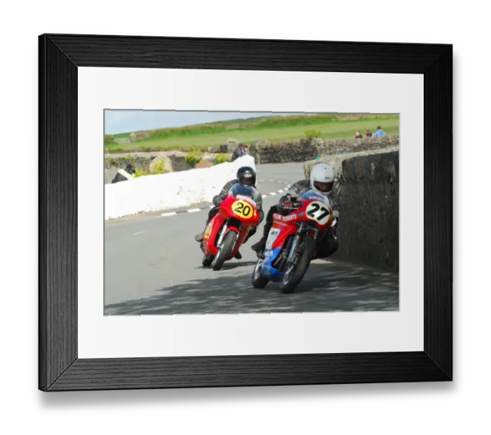 Framed Print : Trevor Rufus (Triumph Weslake) and Gary Hutton (Seeley Honda) 2015 Pre TT Classic Framed Print : Trevor Rufus (Triumph Weslake) and Gary Hutton (Seeley Honda) 2015 Pre TT Classic