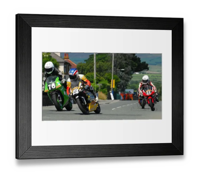 Framed Print : Tony Limer (Kawasaki) and Paul Robinson (Honda) and Adam McLean (Honda) 2016 Southern 100 Framed Print : Tony Limer (Kawasaki) and Paul Robinson (Honda) and Adam McLean (Honda) 2016 Southern 100