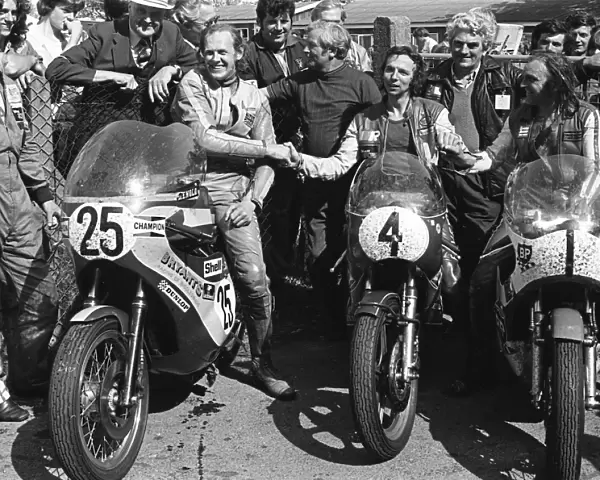 Charlie Sanby (Suzuki) and John Williams (Yamaha) and Percy Tait (Yamaha) 1975 Open Classic TT