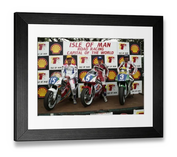 Framed Print : Jim Moodie (2nd) winner Brian Reid and 3rd placeman Joey Dunlop 1993 Junior TT Framed Print : Jim Moodie (2nd) winner Brian Reid and 3rd placeman Joey Dunlop 1993 Junior TT