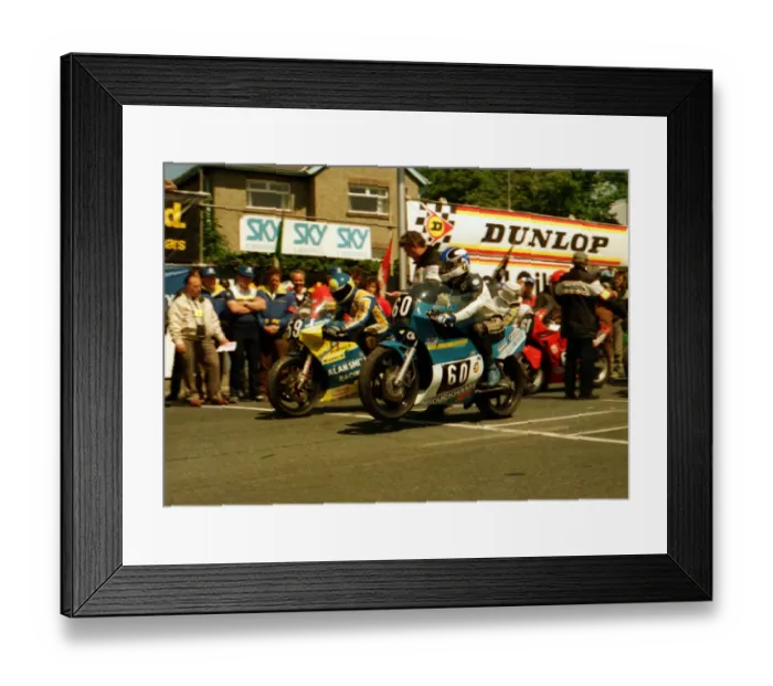 Framed Print : Dave Woolams (Kawasaki) and Ian Young (Crooks Kawasaki) 1987 Formula Two TT Framed Print : Dave Woolams (Kawasaki) and Ian Young (Crooks Kawasaki) 1987 Formula Two TT