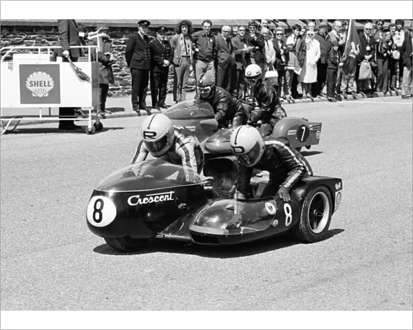 Rudi Kurth & Dane Rowe (Crescent) and Heinz Luthringhauser & Jurgen Cusnik (BMW) 1972 500 Sidecar TT