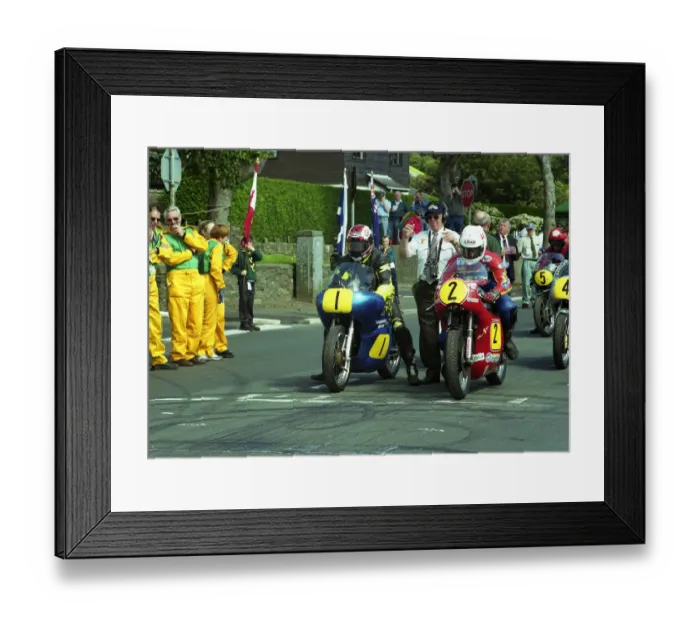Framed Print : Colin Breeze (Summerfield Norton, 1) and Jason Griffiths (Molnar Manx) start the 2002 Senior Classic Manx Grand Prix Framed Print : Colin Breeze (Summerfield Norton, 1) and Jason Griffiths (Molnar Manx) start the 2002 Senior Classic Manx Grand Prix