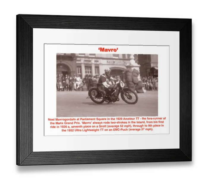 Framed Print : Mavro. Noel Mavrogordato at Parliament Square in the 1929 Amateur TT -