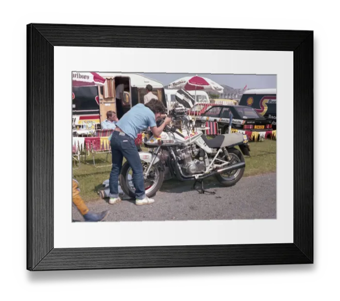 Framed Print : Mick Grants camera bike being prepared for filming Bray to Governors Framed Print : Mick Grants camera bike being prepared for filming Bray to Governors
