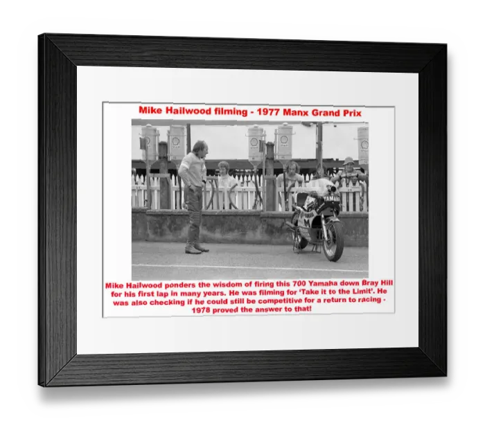 Framed Print : Mike Hailwood filming - 1977 Manx Grand Prix Framed Print : Mike Hailwood filming - 1977 Manx Grand Prix