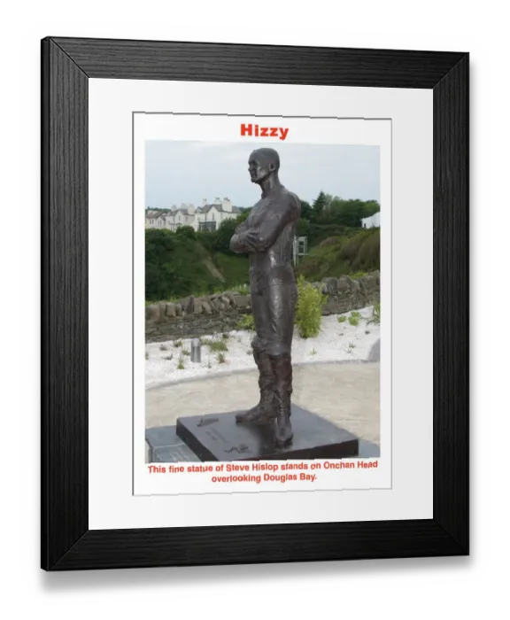 Framed Print : Hizzy. This fine statue of Steve Hislop stands on Onchan Head overlooking Douglas Bay Framed Print : Hizzy. This fine statue of Steve Hislop stands on Onchan Head overlooking Douglas Bay