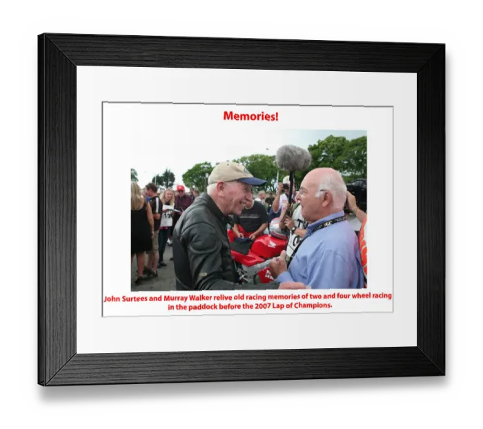 Framed Print : Memories. John Surtees and Murray Walker relive old memories of two Framed Print : Memories. John Surtees and Murray Walker relive old memories of two