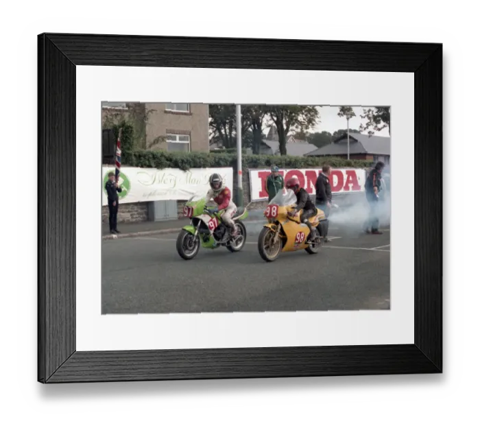Framed Print : Jamie Whitham (Kawasaki) and Pete Smethurst (Armstrong) 1985 Newcomers Manx Grand Prix Framed Print : Jamie Whitham (Kawasaki) and Pete Smethurst (Armstrong) 1985 Newcomers Manx Grand Prix