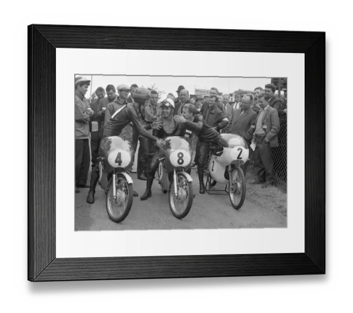 Framed Print : Hugh Anderson (Suzuki) Mitsuo Itoh (Suzuki) and Hans Georg Anscheidt (Kreidler) 1963 50cc TT Framed Print : Hugh Anderson (Suzuki) Mitsuo Itoh (Suzuki) and Hans Georg Anscheidt (Kreidler) 1963 50cc TT