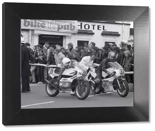 Steve Moynihan (Yamaha) and Richard Swallow (Yamaha) first running, 1981 Senior TT