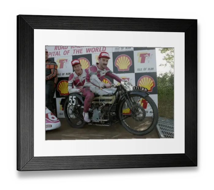 Framed Print : Double 1993 Sidecar winers Dave Molyneux and Karl Ellison pose on the 1923 Sidecar TT winning Freddie Dixon Douglas Framed Print : Double 1993 Sidecar winers Dave Molyneux and Karl Ellison pose on the 1923 Sidecar TT winning Freddie Dixon Douglas