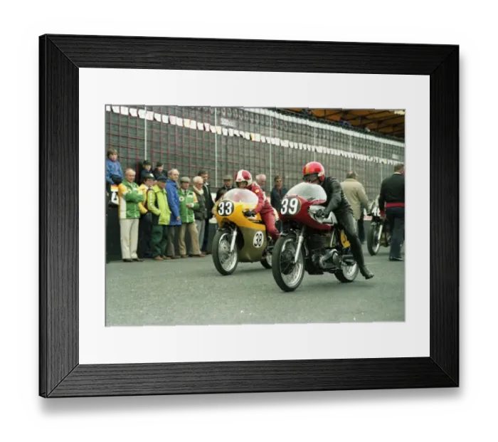 Framed Print : Ken Huggett (Coleshill Seeley) Keith Heckles (Kettle Norton) 1983 Manx Grand Prix Parade Lap Framed Print : Ken Huggett (Coleshill Seeley) Keith Heckles (Kettle Norton) 1983 Manx Grand Prix Parade Lap