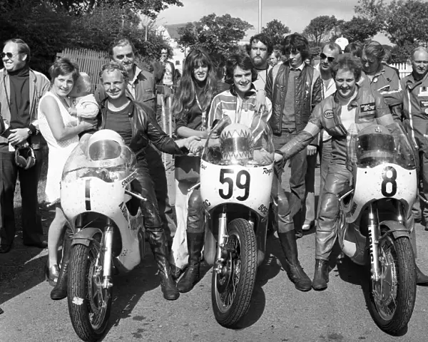 Ricky Burrows, Roger Cope and winner Alan Jackson (Yamaha) 1975 Lightweight Manx Grand Prix