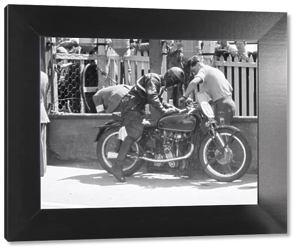 Pit stop for Ronnie Hazlehurst (Velocette) 1949 Junior TT