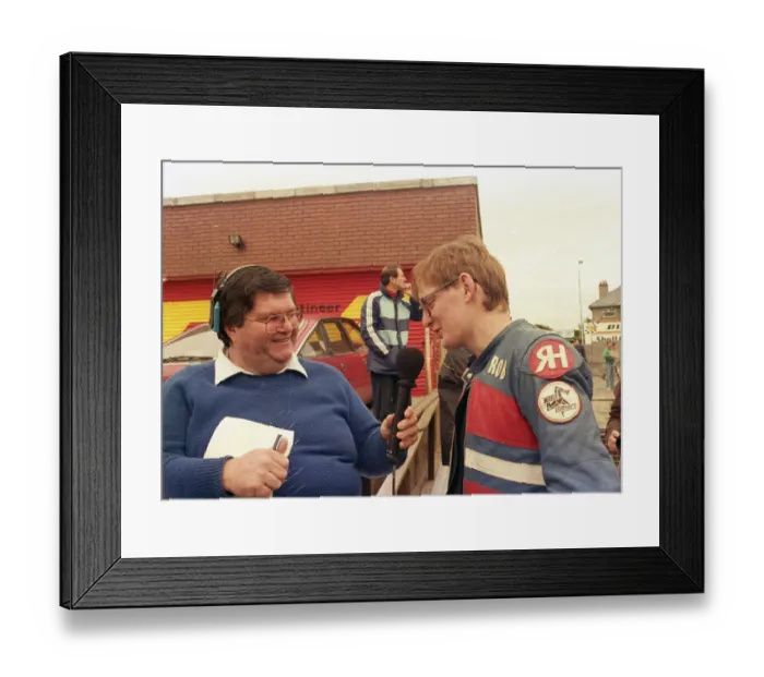 Framed Print : Rob Haynes interviewed by Chris Carter 1987 TT Framed Print : Rob Haynes interviewed by Chris Carter 1987 TT