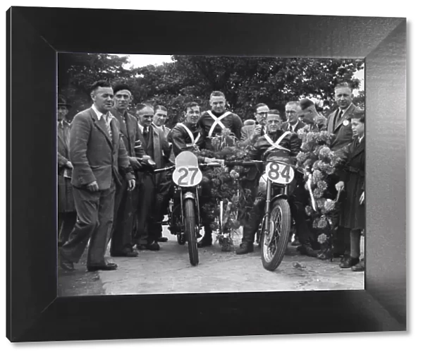 Dickie Dale (Guzzi) Anno Domini & Don Crossley (Triumph) 1948 Manx Grand Prix