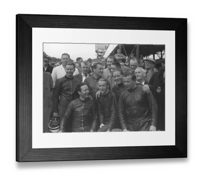Framed Print : Jules Galliker, Florian Camathias, Fritz Hillebrand, Hans Strauss, Walter Schneider 1957 Sidecar TT
