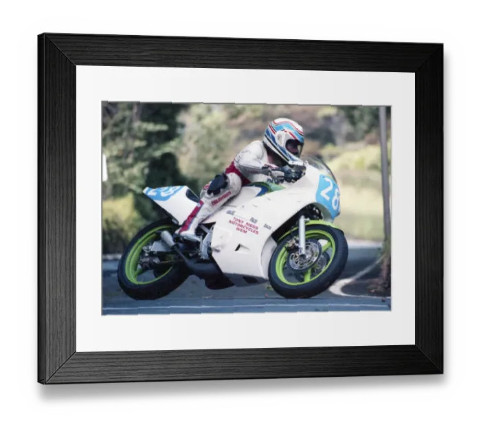 Framed Print : David Bowie (Kawasaki) 1990 Junior Manx Grand Prix