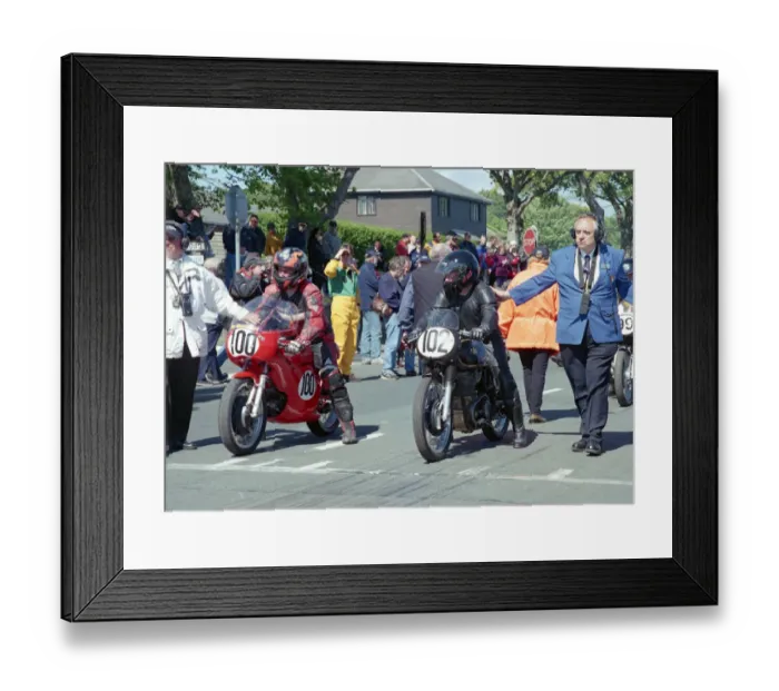 Framed Print : Terry Kermode (Aermacchi) and Thomas Hughes (AJS) 2002 TT Parade Lap Framed Print : Terry Kermode (Aermacchi) and Thomas Hughes (AJS) 2002 TT Parade Lap