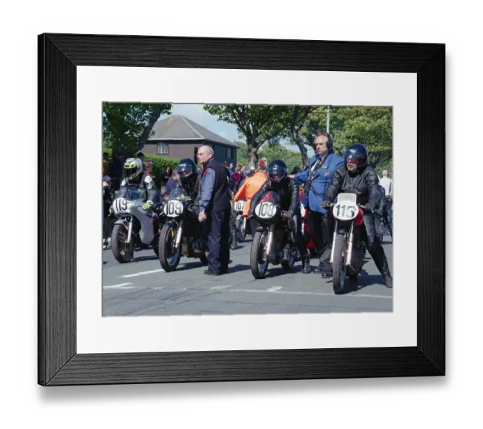 Framed Print : Peter Marriott (AJS) and Eric Downey (AJS) Bruno Valgrande (Gilera) 2002 TT Parade Lap Framed Print : Peter Marriott (AJS) and Eric Downey (AJS) Bruno Valgrande (Gilera) 2002 TT Parade Lap