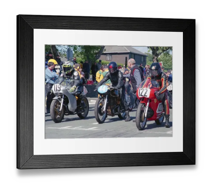 Framed Print : Colin Grant (AJS) and Dick Linton (Aermacchi) 2002 TT Parade Lap Framed Print : Colin Grant (AJS) and Dick Linton (Aermacchi) 2002 TT Parade Lap