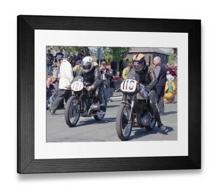 Framed Print : Helmut Lunnemann (BMW) and Don Ellis (BSA) 2002 TT Parade Lap Framed Print : Helmut Lunnemann (BMW) and Don Ellis (BSA) 2002 TT Parade Lap