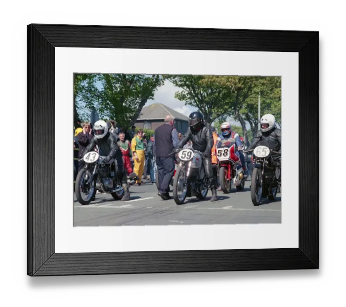 Framed Print : John Gentry (Mondial) Walter Mutzner (CZ-Walter) and Ivan Rhodes (Velocette) 2002 TT Parade Lap Framed Print : John Gentry (Mondial) Walter Mutzner (CZ-Walter) and Ivan Rhodes (Velocette) 2002 TT Parade Lap