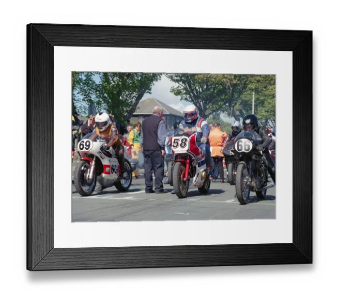 Framed Print : Maurice Maingret (Yamaha) Dick Hodge (Honda) and Dave Moore (NSU) 2002 TT Parade Lap Framed Print : Maurice Maingret (Yamaha) Dick Hodge (Honda) and Dave Moore (NSU) 2002 TT Parade Lap