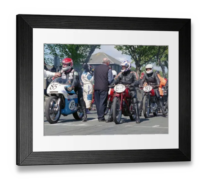 Framed Print : Ernst Auinger (Seeley Triumph) and Paolo Valgrande (Guzzi) 2002 TT Parade Lap Framed Print : Ernst Auinger (Seeley Triumph) and Paolo Valgrande (Guzzi) 2002 TT Parade Lap