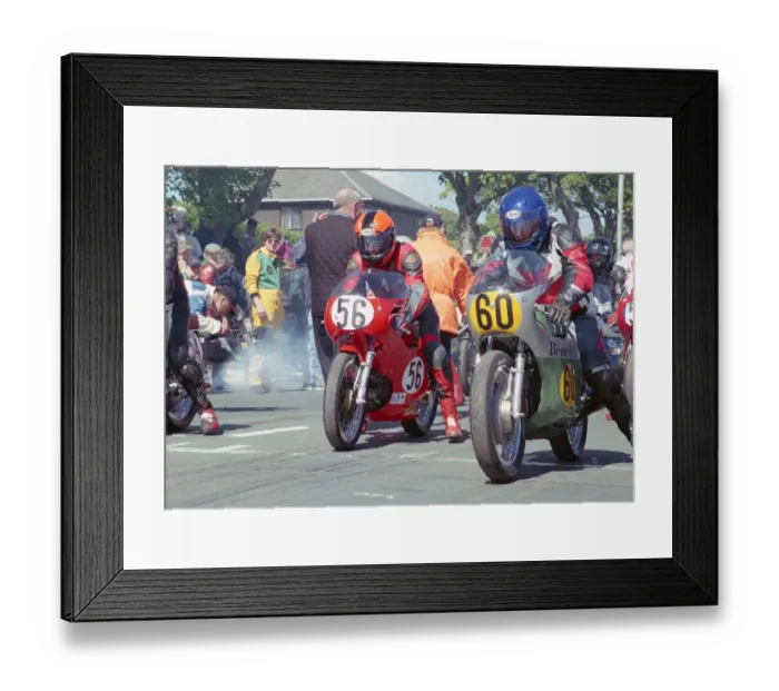 Framed Print : Andrew French (Aermacchi) and Malcolm Wheeler (Benelli) 2002 TT Parade Lap Framed Print : Andrew French (Aermacchi) and Malcolm Wheeler (Benelli) 2002 TT Parade Lap