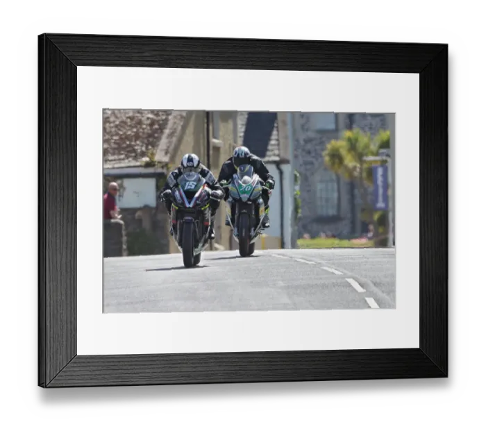 Framed Print : Julian Trummer (Kawasaki) and Michael Russell (Aprilia) 2022 Supertwin TT Framed Print : Julian Trummer (Kawasaki) and Michael Russell (Aprilia) 2022 Supertwin TT