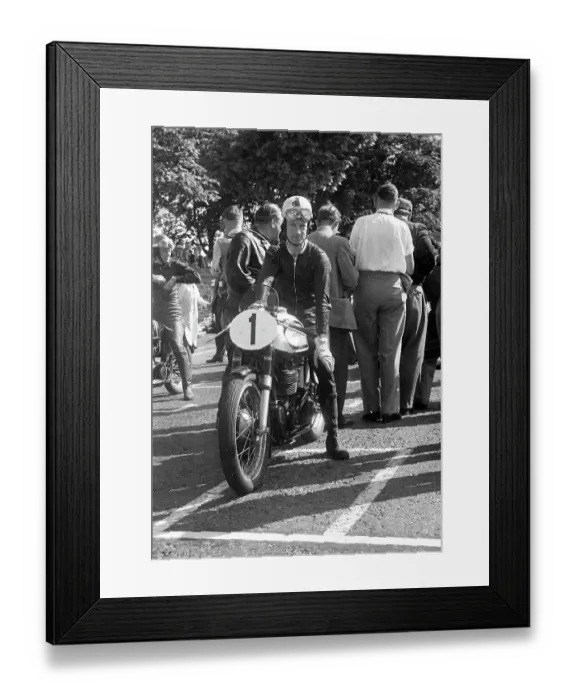 Framed Print : Kiwi Gordon Laing (Norton) preparing to start the 1954 Junior TT Framed Print : Kiwi Gordon Laing (Norton) preparing to start the 1954 Junior TT