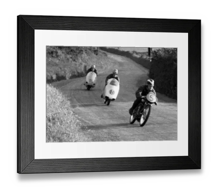 Framed Print : Arthur Wheeler (MV) & Roberto Colombo (MV) & Ken Martin (Anelay) at Signpost Corner, 1956 Ultra Lightweight TT Framed Print : Arthur Wheeler (MV) & Roberto Colombo (MV) & Ken Martin (Anelay) at Signpost Corner, 1956 Ultra Lightweight TT
