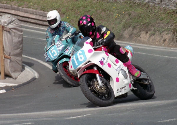 Adam Woodhall (Honda) and Adrian Archibald (Vent Axa Honda) 1996 Junior Manx Grand Prix