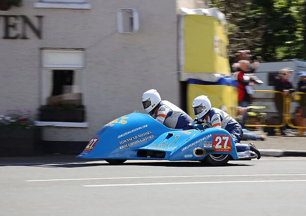 Andy King and Alun Thomas (Ireson Honda), at Ballaugh Bridge, 2019 Sidecar TT
