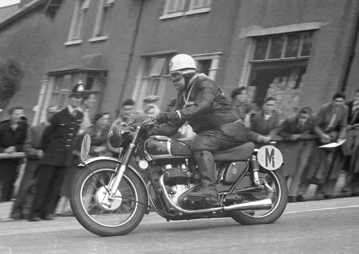 Framed Print : Angus Herbert (Matchless) Travelling Marshal 1955 TT Framed Print : Angus Herbert (Matchless) Travelling Marshal 1955 TT