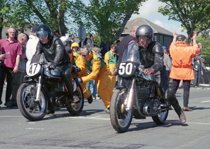 Framed Print : Bob Dowty (Norton) and George Cohen (Norton) 2002 TT Parade Lap Framed Print : Bob Dowty (Norton) and George Cohen (Norton) 2002 TT Parade Lap