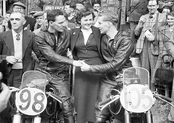 Bob McIntyre (AJS) and Derek Farrant (Matchless) 1952 Senior Manx Grand Prix