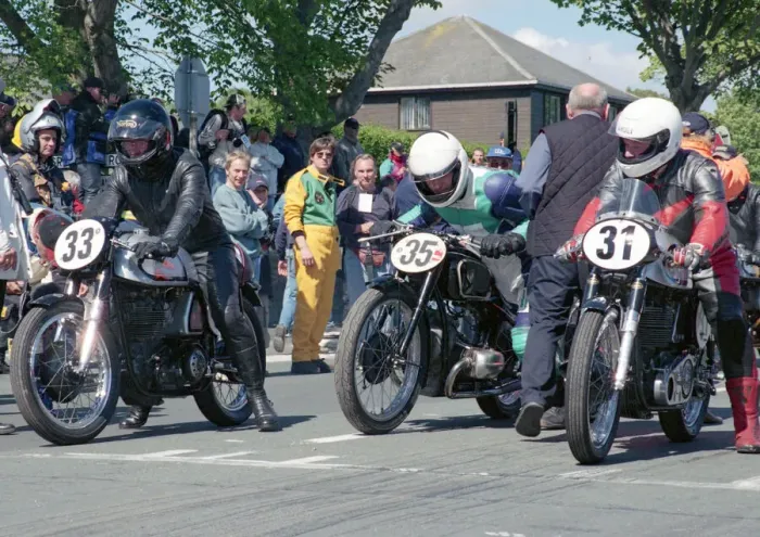 Framed Print : Brian Lumley (Norton) Sebastian Gutsch (BMW) and Des Wootton (Norton) 2002 TT Parade Lap Framed Print : Brian Lumley (Norton) Sebastian Gutsch (BMW) and Des Wootton (Norton) 2002 TT Parade Lap