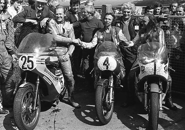 Charlie Sanby (Suzuki) and John Williams (Yamaha) and Percy Tait (Yamaha) 1975 Open Classic TT