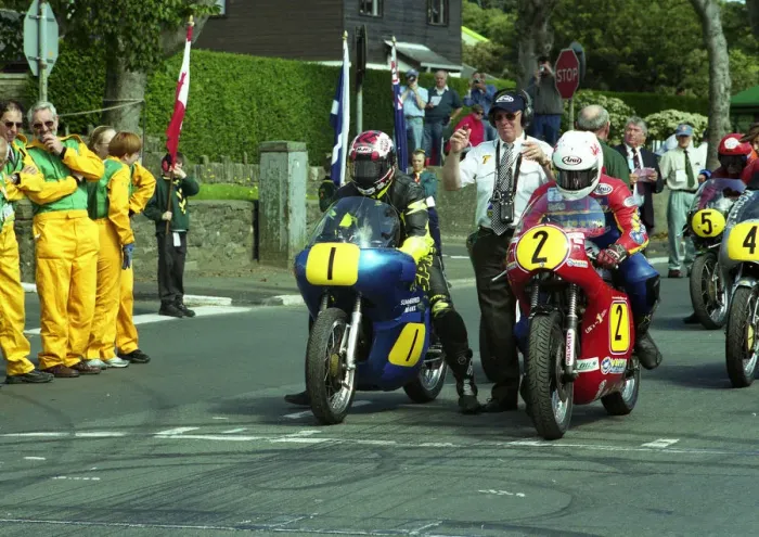 Framed Print : Colin Breeze (Summerfield Norton, 1) and Jason Griffiths (Molnar Manx) start the 2002 Senior Classic Manx Grand Prix Framed Print : Colin Breeze (Summerfield Norton, 1) and Jason Griffiths (Molnar Manx) start the 2002 Senior Classic Manx Grand Prix