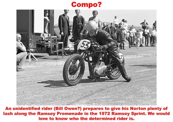 Compo?. An unidentified rider (Bill Owen?) peprare to give his Norton plenty