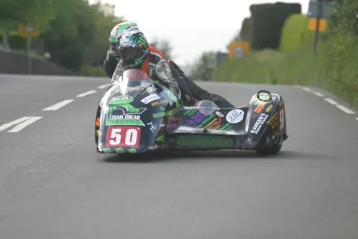 Framed Print : Debbie Barron & Robert Lunt (Ireson Kawasaki) 2012 Sidecar TT