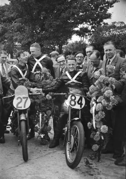 Framed Print : Dickie Dale (Guzzi) Anno Domini & Don Crossley (Triumph) 1948 Manx Grand Prix Framed Print : Dickie Dale (Guzzi) Anno Domini & Don Crossley (Triumph) 1948 Manx Grand Prix