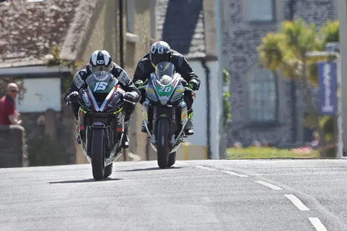 Framed Print : Julian Trummer (Kawasaki) and Michael Russell (Aprilia) 2022 Supertwin TT Framed Print : Julian Trummer (Kawasaki) and Michael Russell (Aprilia) 2022 Supertwin TT