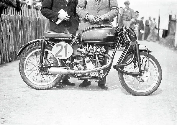 Bill Lomas Earles Velocette at the weigh-in for the 1952 Lightweight TT