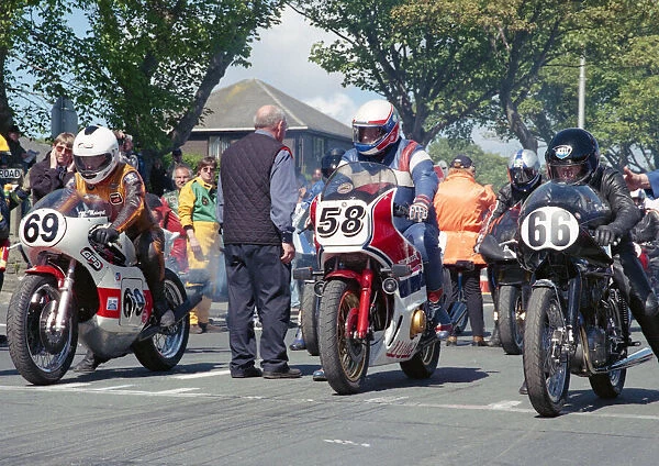 Maurice Maingret (Yamaha) Dick Hodge (Honda) and Dave Moore (NSU) 2002 TT Parade Lap