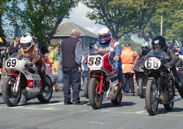 Framed Print : Maurice Maingret (Yamaha) Dick Hodge (Honda) and Dave Moore (NSU) 2002 TT Parade Lap Framed Print : Maurice Maingret (Yamaha) Dick Hodge (Honda) and Dave Moore (NSU) 2002 TT Parade Lap
