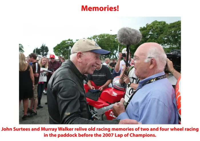Framed Print : Memories. John Surtees and Murray Walker relive old memories of two Framed Print : Memories. John Surtees and Murray Walker relive old memories of two